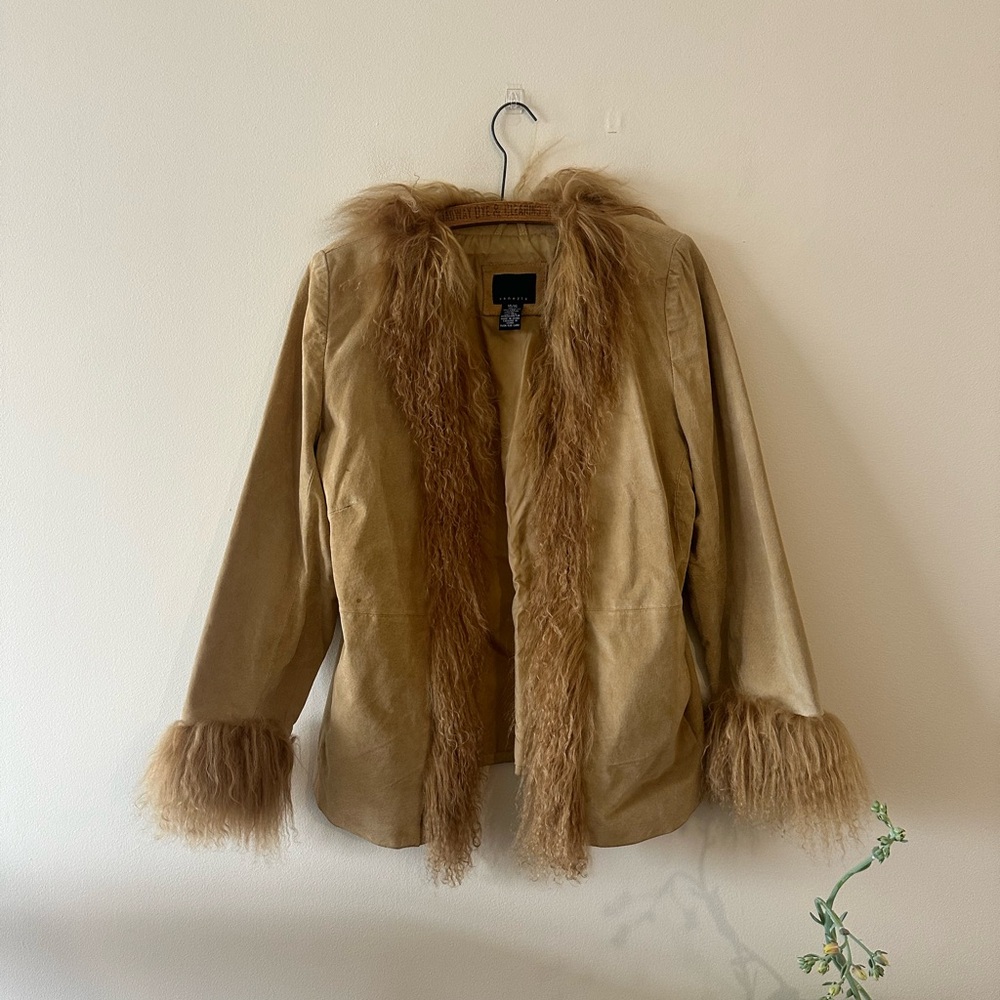 Vintage 70s Look Penny Lane Leather Genuine Mongolian Fur Tan Coat Y2K